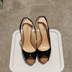 Guess Black Patent Leather Peep Toe Heels
